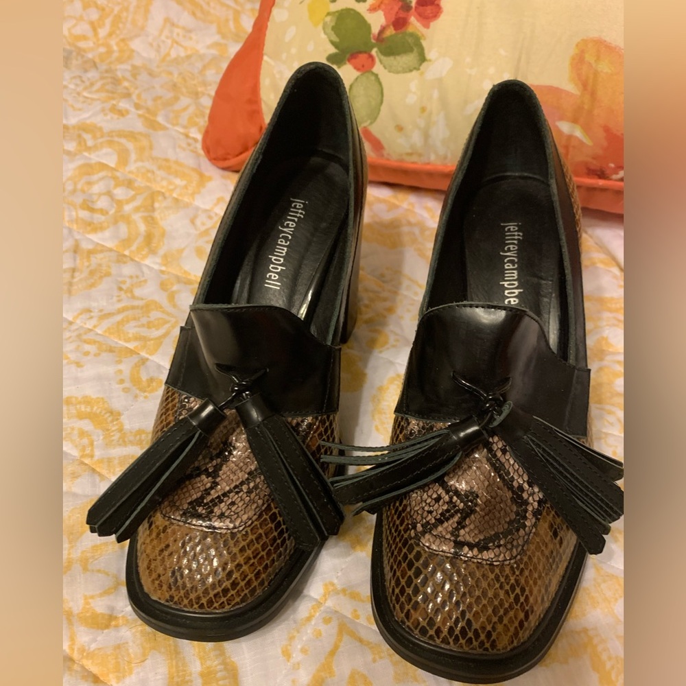 Jeffery Campbell Leather Tassel Loafers Block Heels Shoes Size 7 - Picture 1 of 10